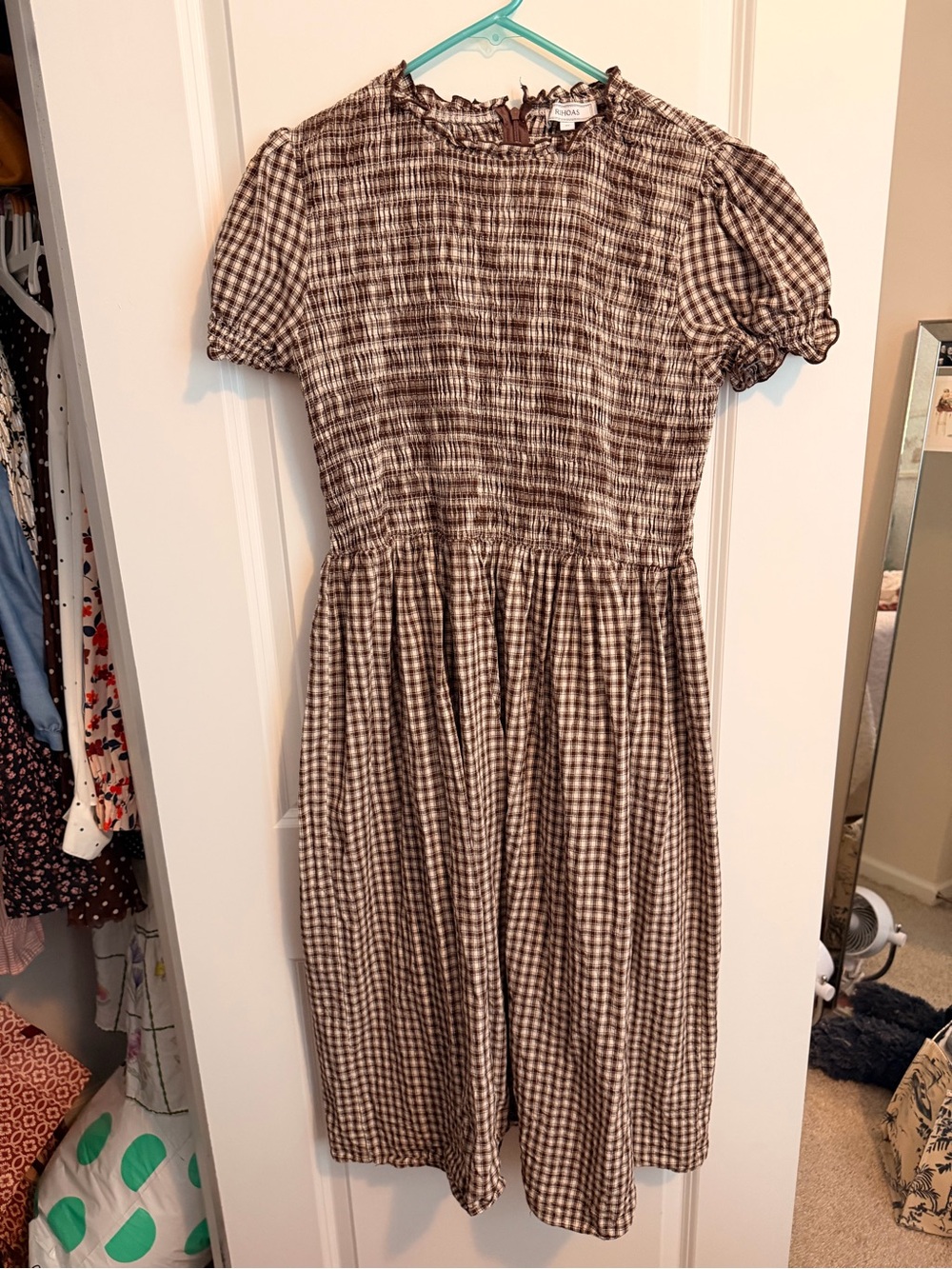 RIHOAS Brown Gingham Smocked Midi Dress